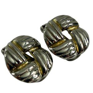 Vintage Clip On Earrings Two Tone Metal Ribbed Love Knot Silver Tone Geometric